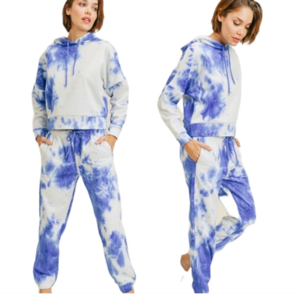 New Cloud blue tie dye hoodie Fleece jogger set